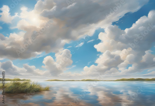 Blue sky with clouds reflected in the water of a lake with grass. Generative AI. © Wiboonsak