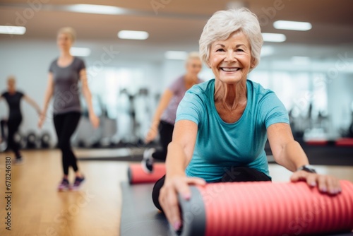 Lifestyle portrait photography of a focused old woman doing exercises on a foam roller in a gym. With generative AI technology