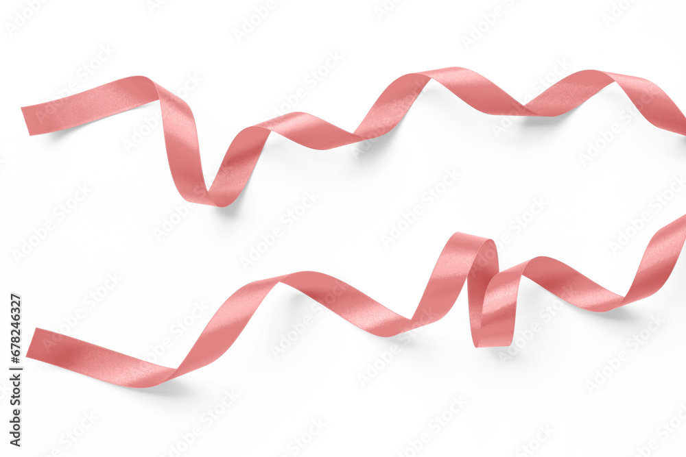 Rose gold pink ribbon satin bow scroll set isolated on white background with clipping path for Christmas and wedding card confetti design decoration element Rose gold pink ribbon satin bow scroll set isolated on white background with clipping path for Christmas and wedding card confetti design decoration element