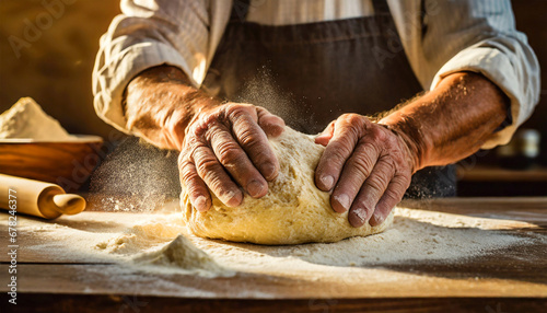Close-up of two wrinkled hands of an old baker kneading dough by hand, with sprinkles of flour on a wooden table with a rolling pin. Artisan bakery or pastry shop concept.