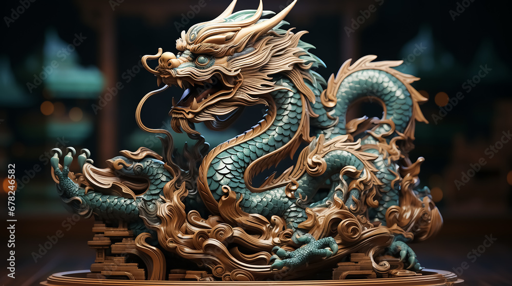 Fototapeta premium Green Dragon. Symbol of Happy Chinese New Year 2024 is Wooden dragon. Chinese astrology, horoscope 2024.