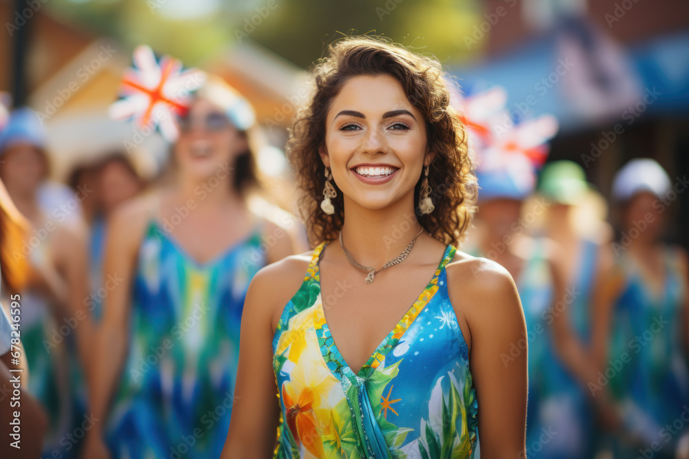 A vibrant parade with floats and colorful costumes in a regional Australia Day celebration. Concept of community pride and pageantry. Generative Ai. A vibrant parade with floats and colorful costumes in a regional Australia Day celebration. Concept of community pride and pageantry. Generative Ai.