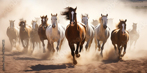Group of horses running gallop in the desert. ai generative
