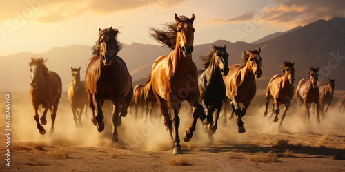 Group of horses running gallop in the desert. ai generative