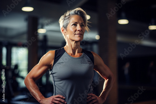 tired mature woman doing plyometric exercises in a gym photo