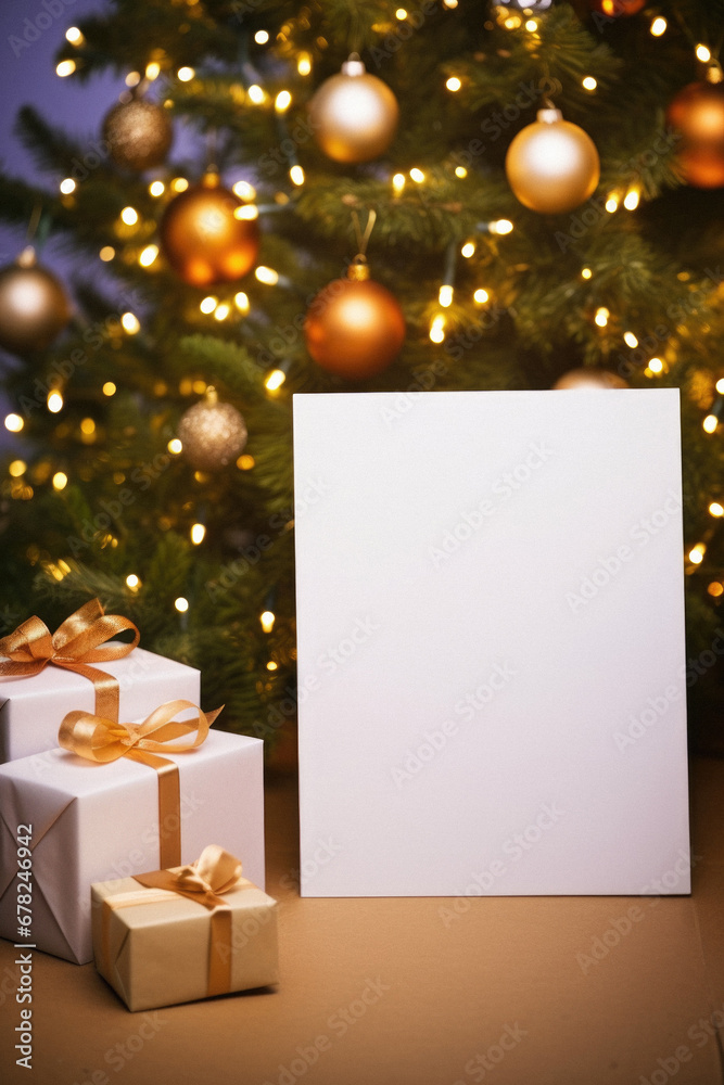 Blank greeting card with gift boxes and christmas tree on background.