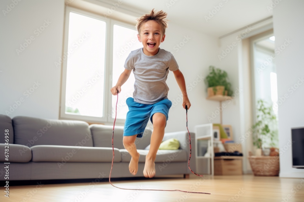 satisfied kid male jumping rope in an empty room satisfied kid male jumping rope in an empty room