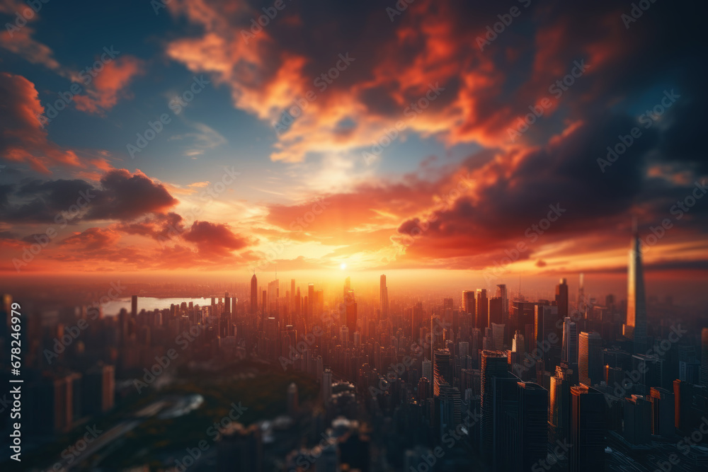 A city skyline against the backdrop of a dramatic urban sunset. Concept of metropolitan life and cityscapes. Generative Ai.