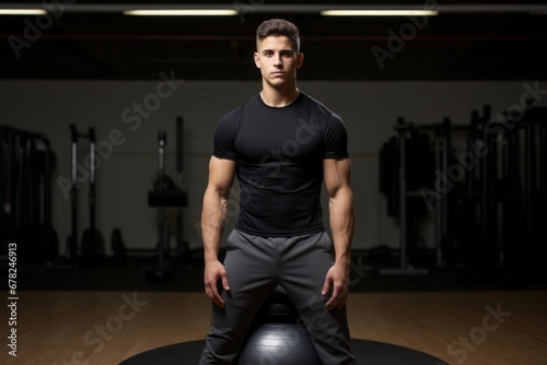 serious boy in his 20s doing bosu ball exercises in a gym