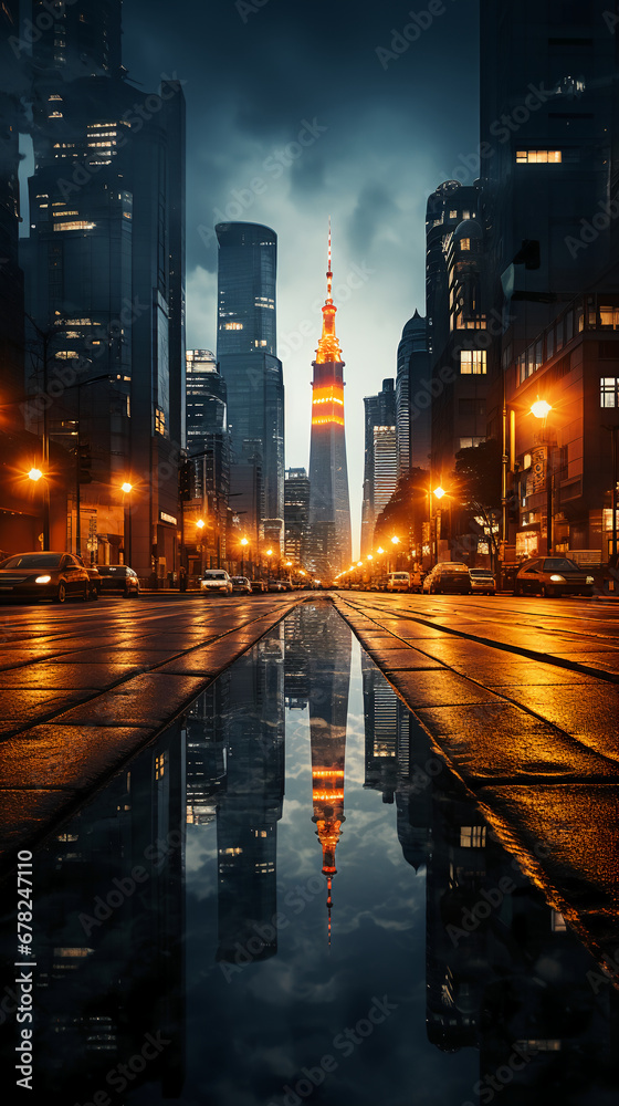 Naklejka premium A city street at night. AI generative