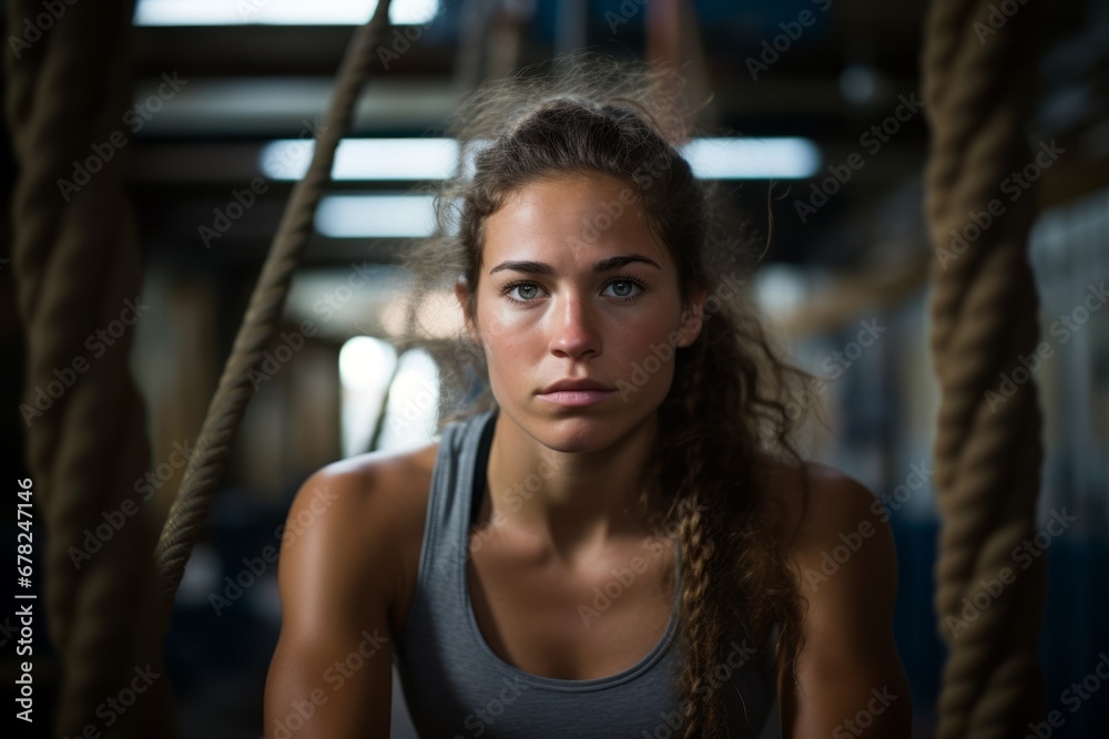 Obraz premium Photography in the style of pensive portraiture of an exhausted girl in her 20s practicing rope climb in a gym. With generative AI technology