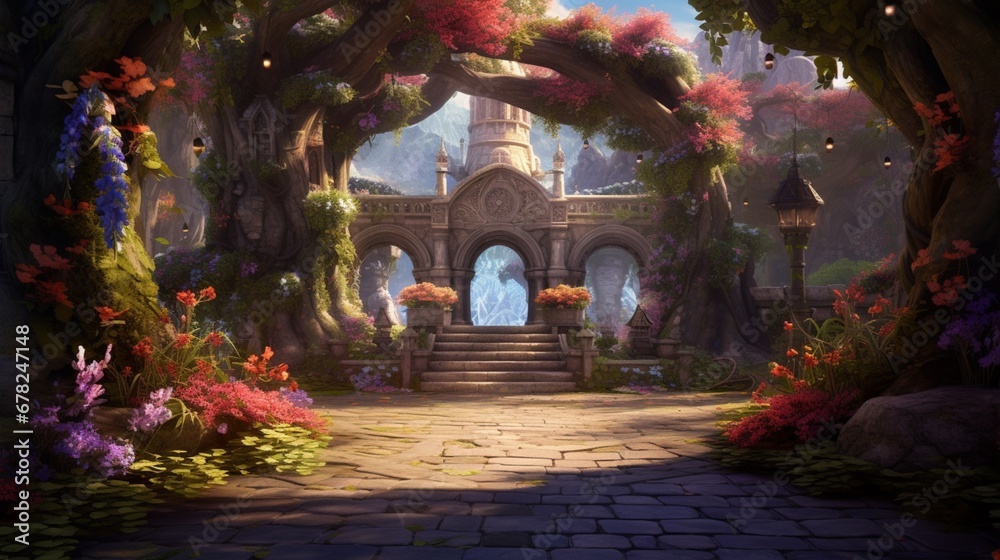 A lovely hidden garden fit for a fairy tale, complete with flower arches and vibrant foliage. Background digital painting