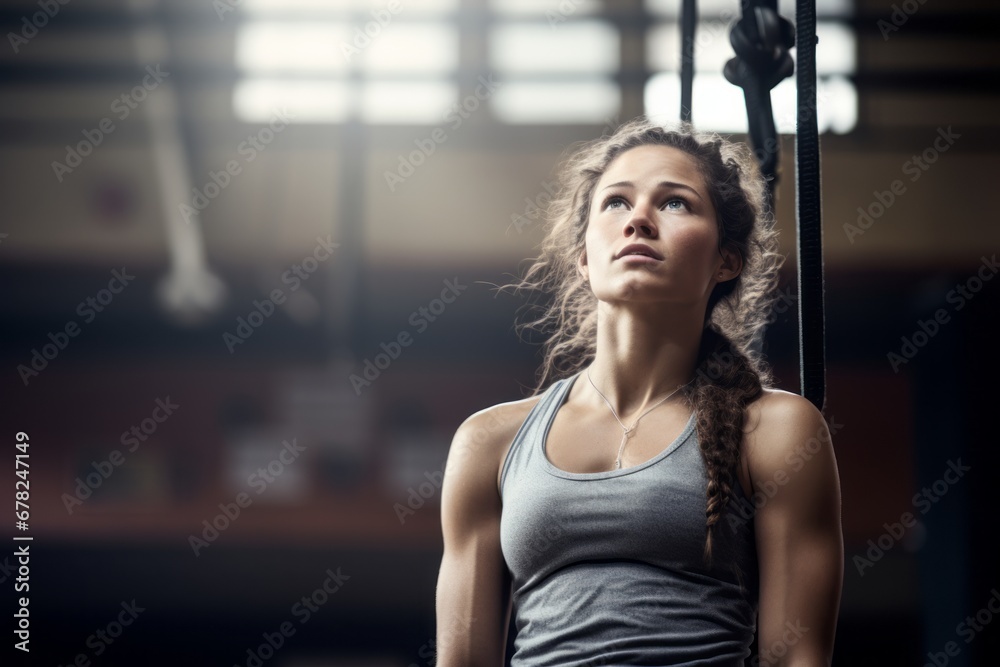 Photography in the style of pensive portraiture of an exhausted girl in her 20s practicing rope climb in a gym. With generative AI technology