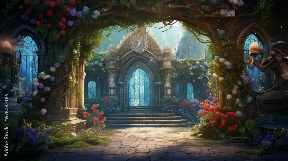 A lovely hidden garden fit for a fairy tale, complete with flower arches and vibrant foliage. Background digital painting - obrazy, fototapety, plakaty 