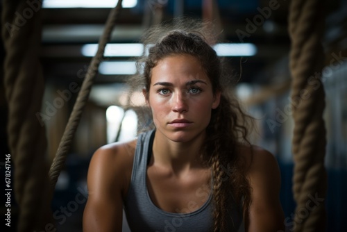 Photography in the style of pensive portraiture of an exhausted girl in her 20s practicing rope climb in a gym. With generative AI technology