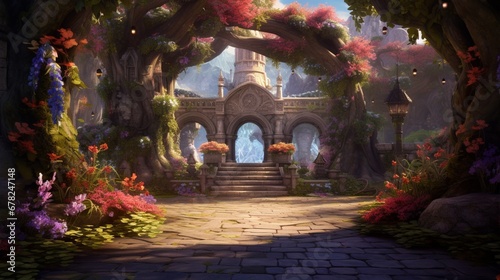 A lovely hidden garden fit for a fairy tale, complete with flower arches and vibrant foliage. Background digital painting