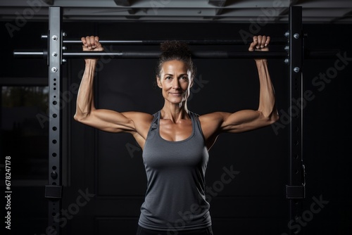 Three-quarter studio portrait photography of an active mature woman practicing pull ups in an empty room. With generative AI technology