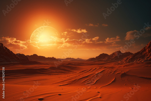 The sun's descent over a desert landscape, creating a silhouette of towering sand dunes. Concept of arid beauty and solitude. Generative Ai.