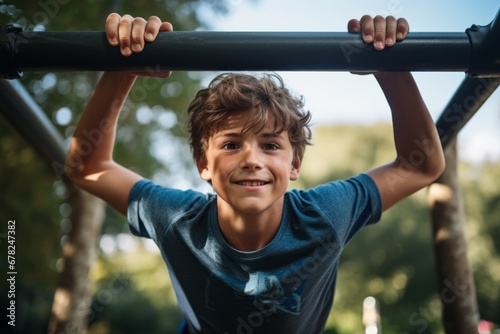 Medium shot portrait photography of an energetic boy in his 30s practicing pull ups outdoors. With generative AI technology