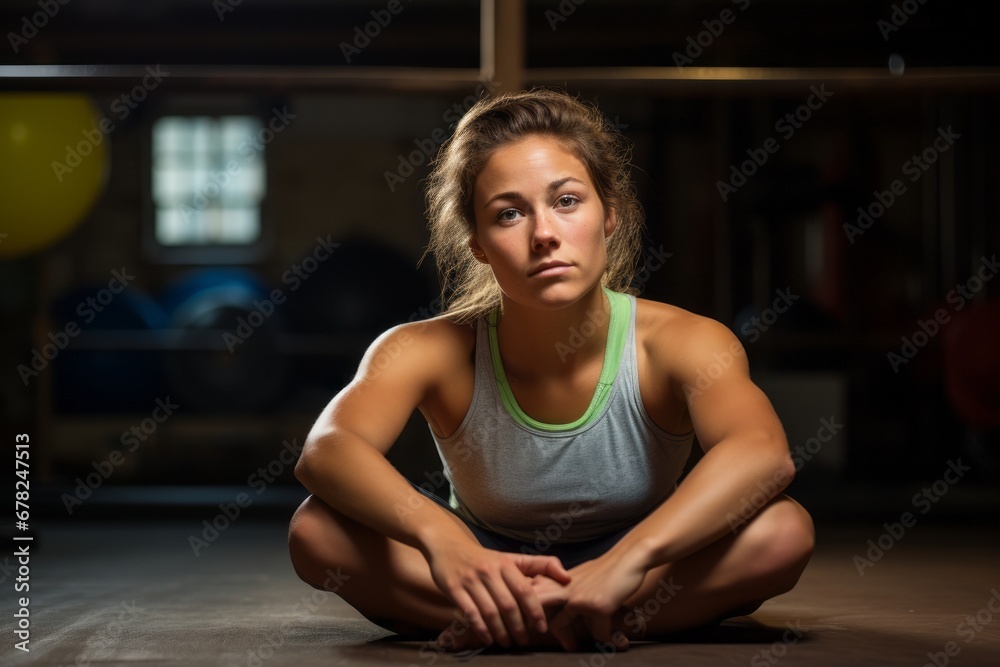 Three-quarter studio portrait photography of a satisfied girl in her 30s doing sit ups in a gym. With generative AI technology