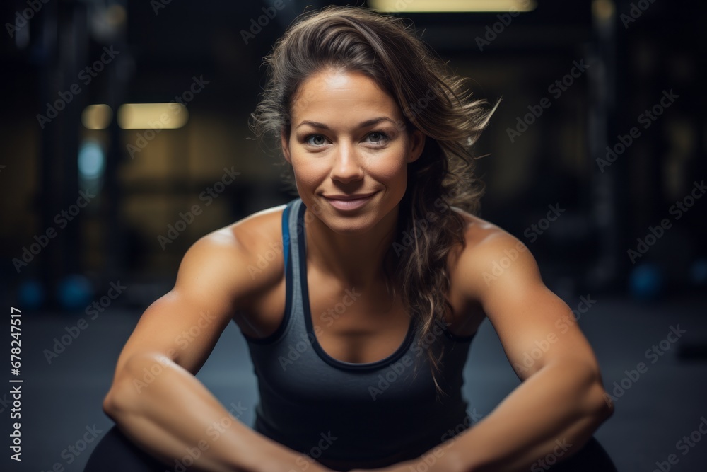 Three-quarter studio portrait photography of an active girl in her 30s doing sit ups in a gym. With generative AI technology