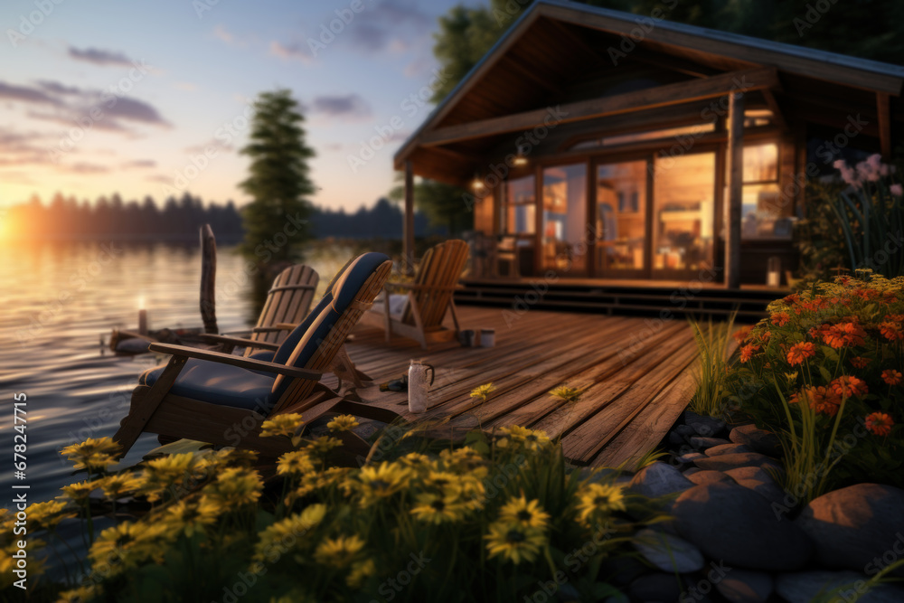 A serene lakeside cabin at sunset, creating a picturesque scene of rustic tranquility. Concept of lakeside living and relaxation. Generative Ai.