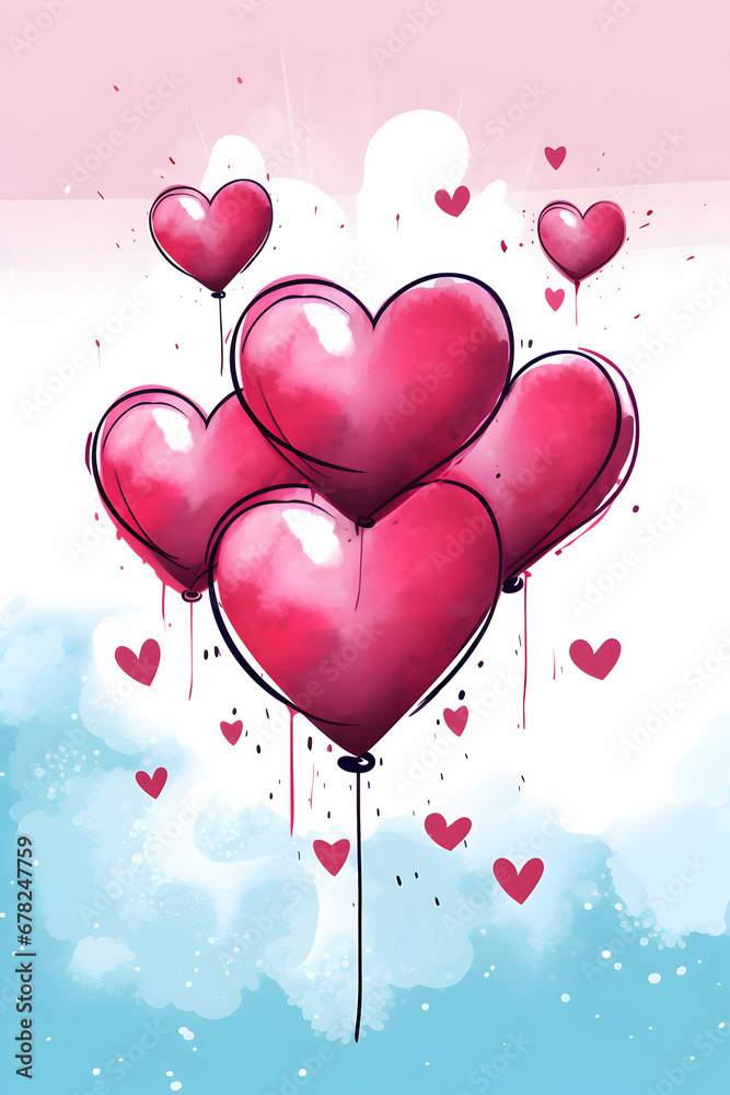 Adorable retro greeting card with red hearts floating around. Valentine's Day background for lovers. Invitation template, poster or wallpaper, sketchy style, generative ai