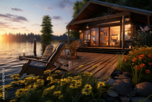 A serene lakeside cabin at sunset, creating a picturesque scene of rustic tranquility. Concept of lakeside living and relaxation. Generative Ai.