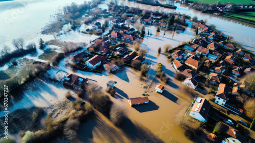 vue aérienne d'un village inondé suite à de très fortes précipitation automnale