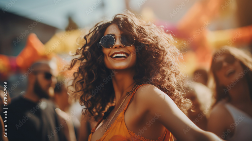 young attractive girl dancing at a music festival party. ai generative