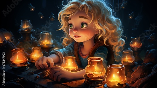 a girl with blonde hair sits in front of candles and lanterns. Fantasy concept , Illustration painting.