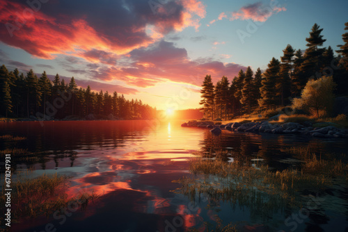 A warm sunset over a serene lake  creating a stunning reflection on the water s surface. Concept of serene waterfronts and beauty. Generative Ai.