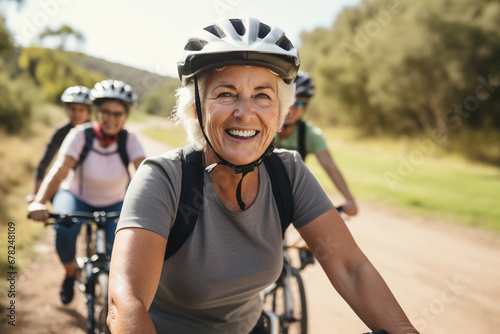 A smiling middle-aged woman wearing a helmet enjoys a sporty bike ride with friends. ai generative