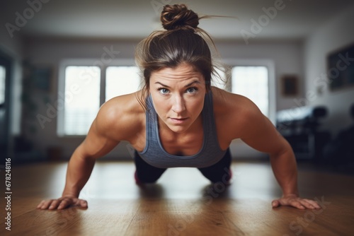 Headshot portrait photography of an energetic girl in her 30s doing push ups in an empty room. With generative AI technology