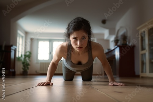 Lifestyle portrait photography of an exhausted girl in her 20s doing push ups in an empty room. With generative AI technology © Markus Schröder