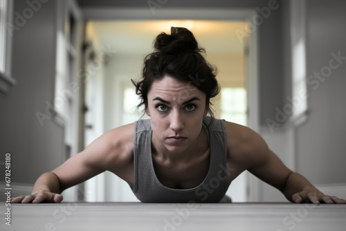 Lifestyle portrait photography of an exhausted girl in her 20s doing push ups in an empty room. With generative AI technology
