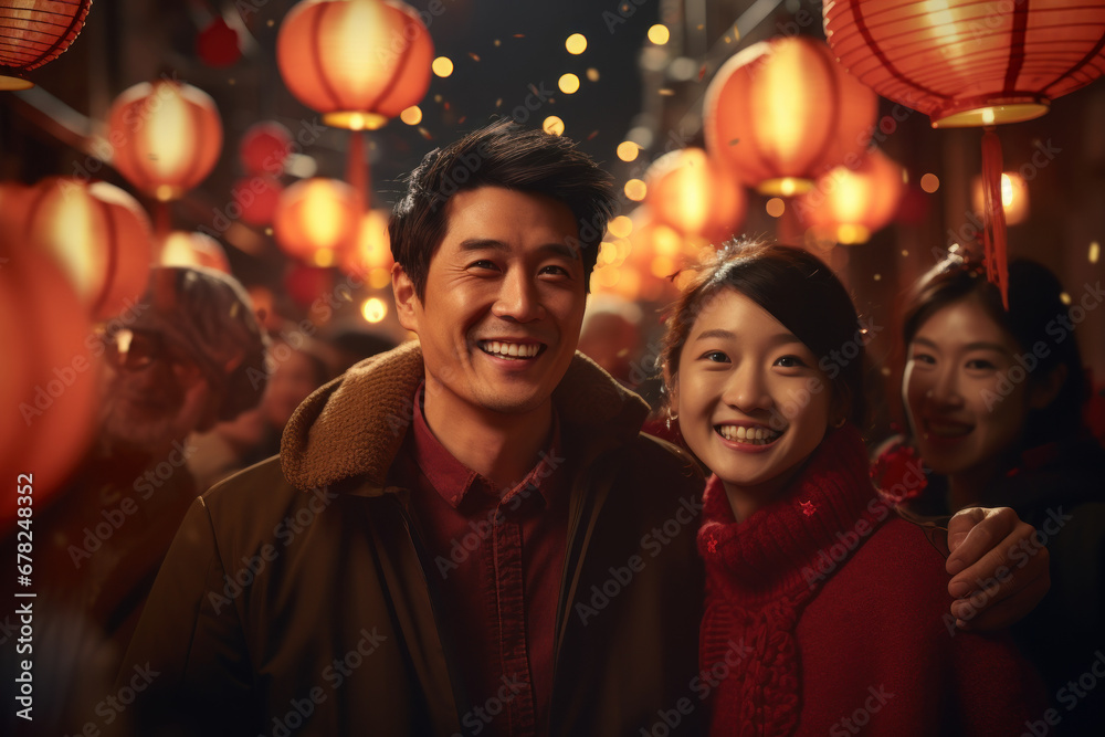 A Chinese family attending a lantern-lit parade during a festive celebration. Concept of community events and cultural immersion. Generative Ai.