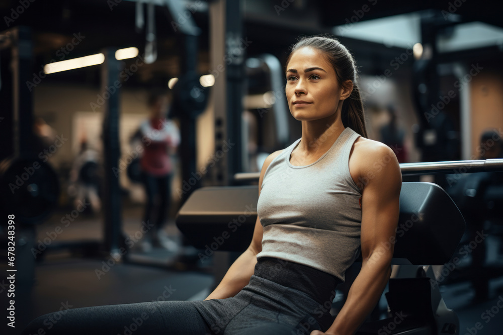 Medium shot portrait photography of an inspired girl in her 30s practicing weight bench in a gym. With generative AI technology