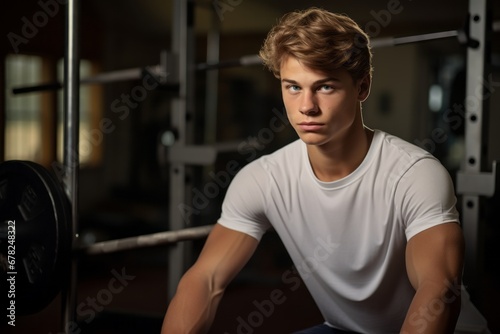 Sports portrait photography of a focused boy in his 20s practicing weight bench in an empty room. With generative AI technology