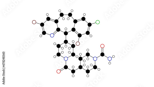 lonafarnib molecule, structural chemical formula, ball-and-stick model, isolated image farnesyltransferase inhibitor