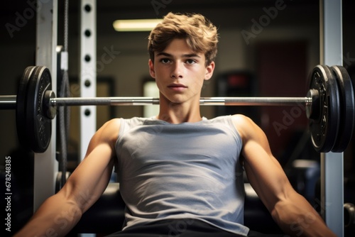 Medium shot portrait photography of a determined boy in his 20s practicing weight bench in a gym. With generative AI technology