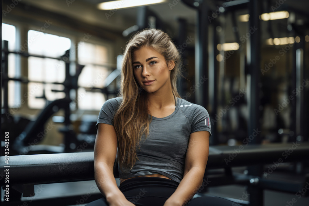 Sports portrait photography of a determined girl in her 20s practicing weight bench in a gym. With generative AI technology Sports portrait photography of a determined girl in her 20s practicing weight bench in a gym. With generative AI technology
