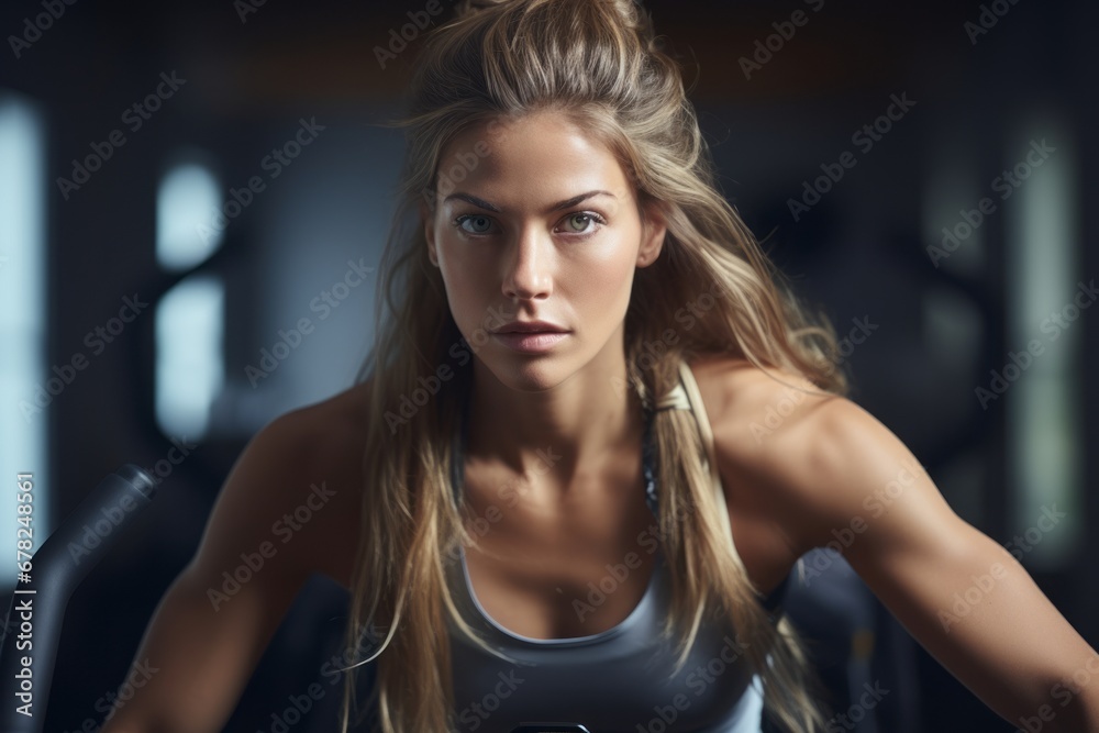 Close-up portrait photography of a focused girl in her 30s practicing elliptical bike in an empty room. With generative AI technology Close-up portrait photography of a focused girl in her 30s practicing elliptical bike in an empty room. With generative AI technology