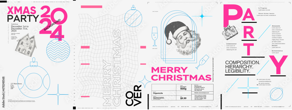 Naklejka premium Merry Christmas and Happy New Year! 2024. Modern minimalistic Christmas banner. Vector illustration with elements of typography. Vector geometric objects. Trendy retro style.