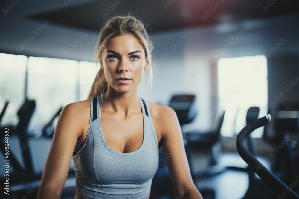 Close-up portrait photography of a focused girl in her 30s practicing elliptical bike in an empty room. With generative AI technology