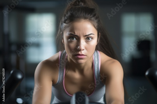 Close-up portrait photography of an exhausted girl in her 30s practicing elliptical bike in an empty room. With generative AI technology © Markus Schröder