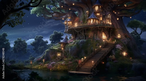 A nighttime forest scene including a tree house in a lovely fantasy fairy tale © juni studio
