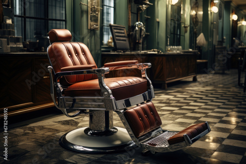 A vintage-style barbershop chair with a customer leaning back, ready for a luxurious hot towel shave. Concept of relaxation and pampering. Generative Ai. © Sebastian
