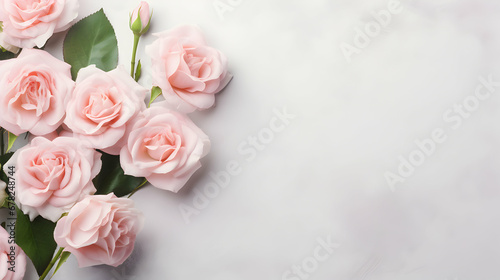 Pink rose against marble stone layout. Blooming flowers background with blank copy space. Greeting Card template  Valentines or Mothers Day. Seasonal spring wallpaper. Generative AI.