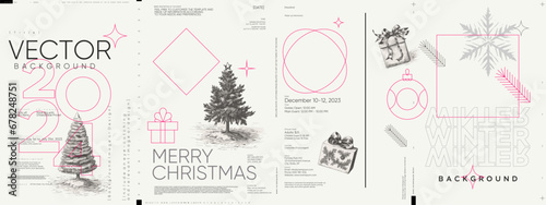 Merry Christmas and Happy New Year! 2024. Modern minimalistic Christmas banner. Vector illustration with elements of typography. Vector geometric objects. Trendy retro style.